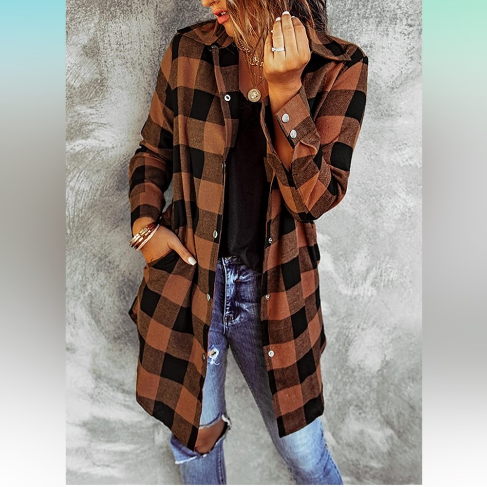 Block Plaid Shacket Jacket Women Cute V Neck Long Sleeve Button Down Blouses